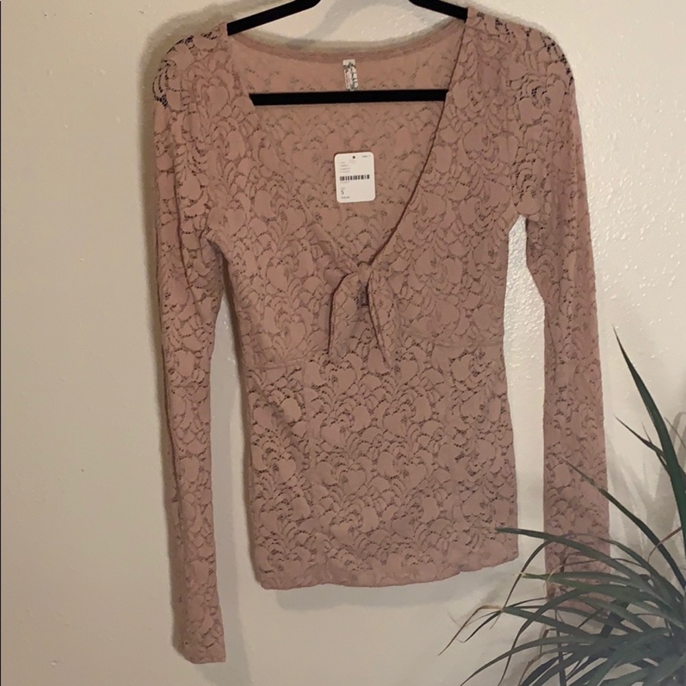Free People mauve pink long sleeved lace bow top NWT Small